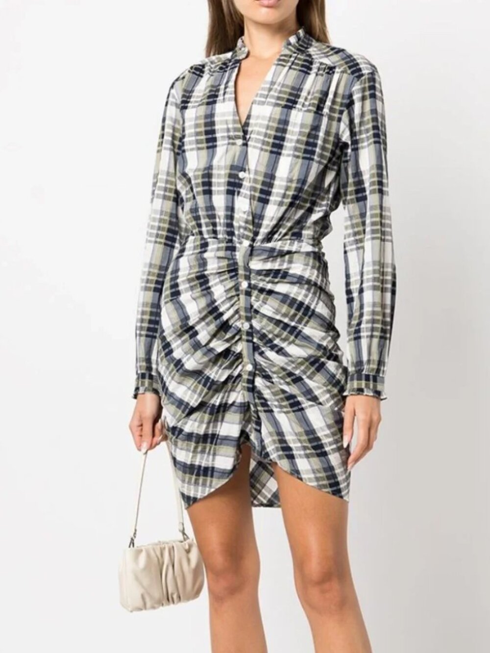 Veronica Beard Navy, Olive & White Plaid Ruched Mini Dress